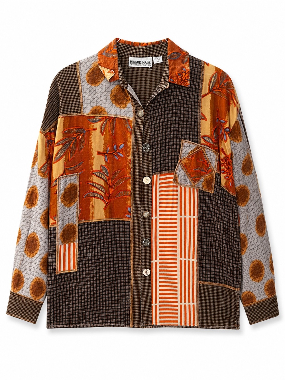 Vintage Patchwork Button-Down Shirt — Brown & Orange